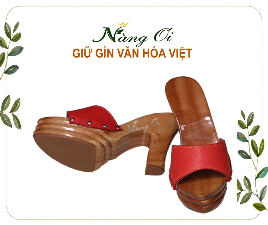 guốc mộc nữ cao 12cm với quai da đỏ nổi bật phù hợp mang áo dài